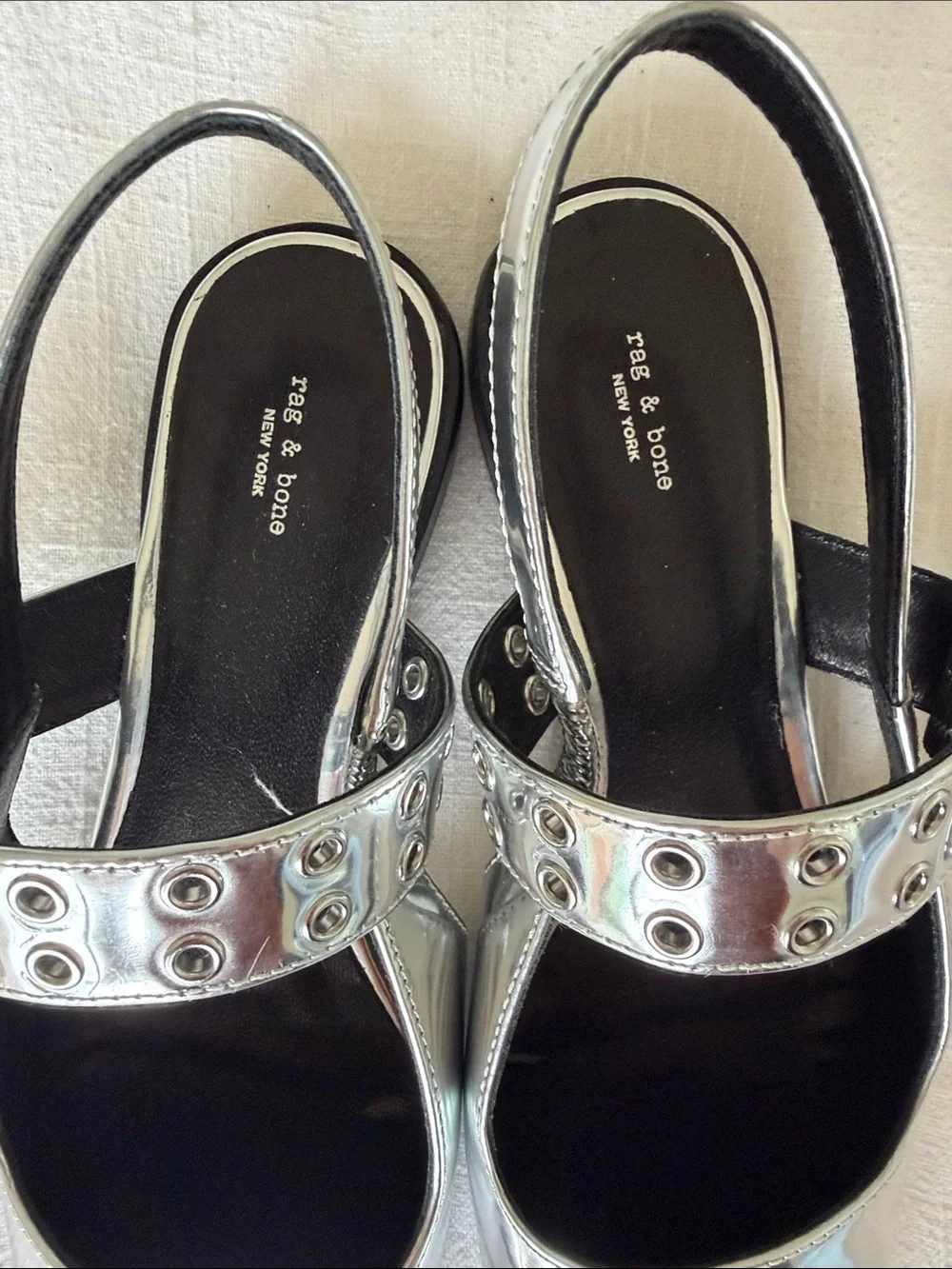 Rag & Bone Metallic Silver Square-Toe Slingback Mules with Grommet Strap